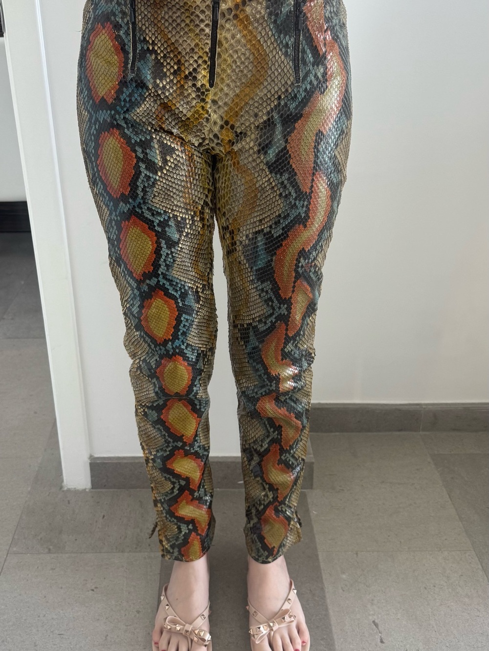 CHANEL Metallic Snake-Print Skinny Pants in Olive, Orange, Yellow